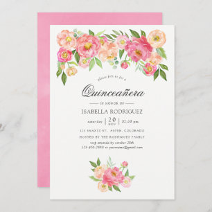 Pastel Pink Watercolor Peonies Quinceañera Invitation