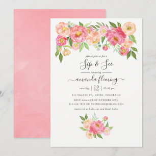 Pastel Pink Watercolor Peonies Sip and See Invitation