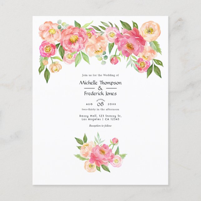 Pastel Pink Watercolor Peonies Wedding Flyer (Front)
