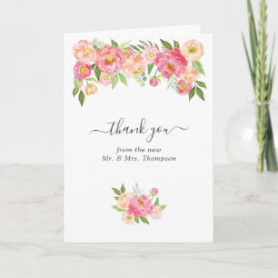Pastel Pink Watercolor Peonies Wedding Photo Thank You Card