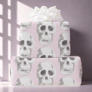 Pastel Pink Watercolor Skull Halloween  Wrapping Paper