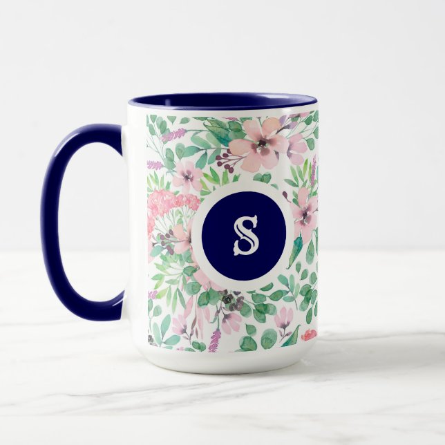 Pastel Pink Watercolors Tuscany Flowers Pattern Mug (Left)