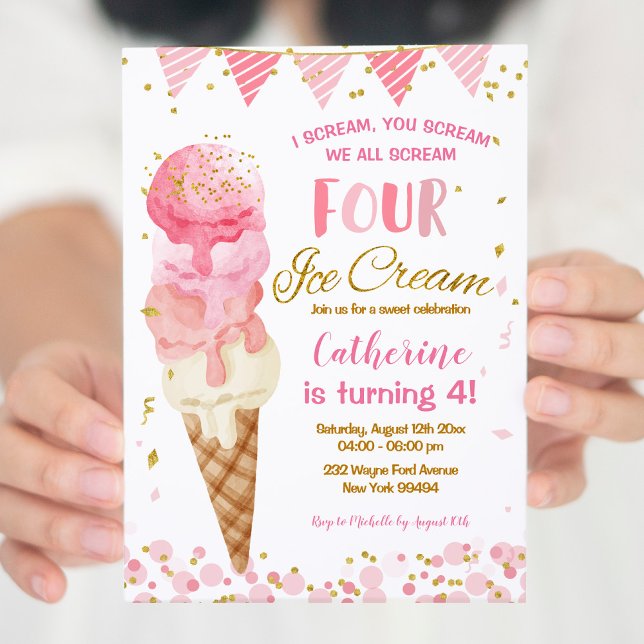 Pastel Pink We Scream Four Ice Cream 4th Birthday Invitation (Creator Uploaded)