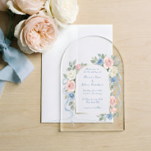 Pastel Pink, White and Blue Roses & Ribbon Arch