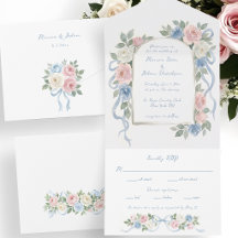 Pastel Pink, White and Blue Roses & Ribbon Arch