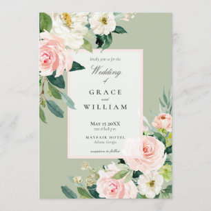 Pastel Pink White and Green Floral Wedding Invitation