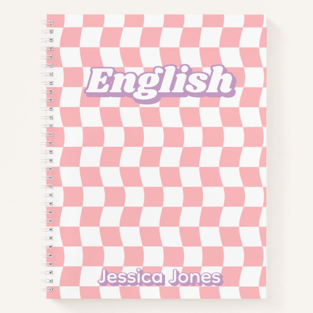 Pastel Pink White Checkerboard English School Notebook (Front)