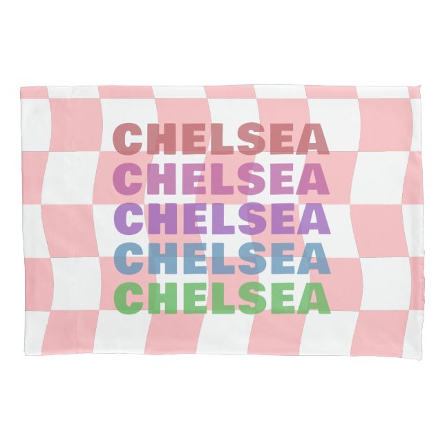 Pastel Pink White Chequerboard Name Typography Pillowcase (Front-Left)