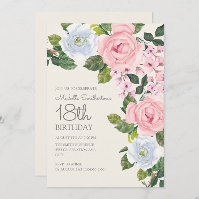Pastel Pink White Floral Woman's 18th Birthday Invitation (Front/Back)