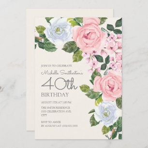 Pastel Pink White Floral Woman's 40th Birthday Invitation