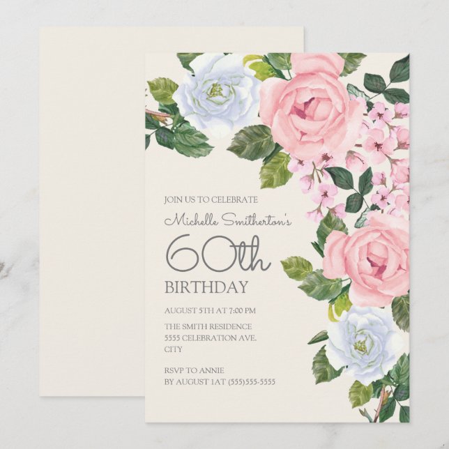 Pastel Pink White Floral Woman's 60th Birthday Invitation (Front/Back)
