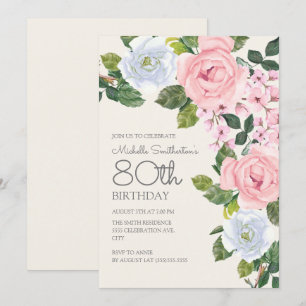 Pastel Pink White Floral Woman's 80th Birthday Invitation