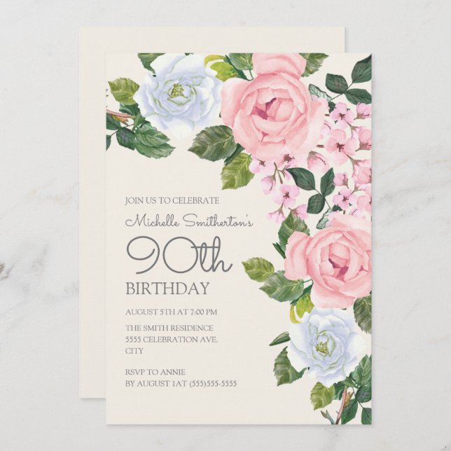 Pastel Pink White Floral Woman's 90th Birthday Invitation (Front/Back)