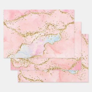 Pastel Pink & White & Gold Glitter Agate Wrapping Paper Sheet