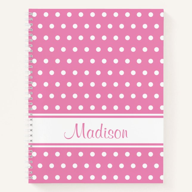 Pastel Pink White Polka Dot Stripe Script Name Notebook (Front)