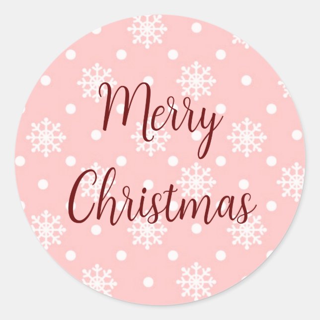 Pastel Pink White Snowflakes Merry Christmas Classic Round Sticker (Front)