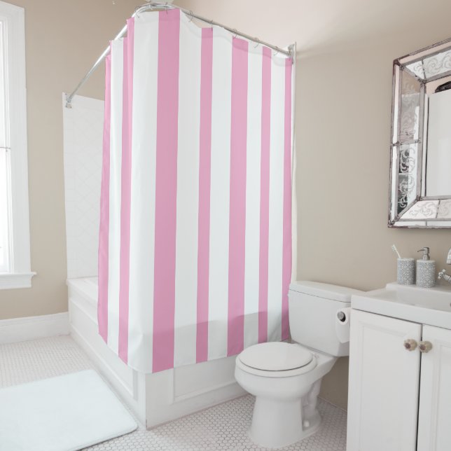 Pastel Pink White Summer Stripes Shower Curtain (In Situ)