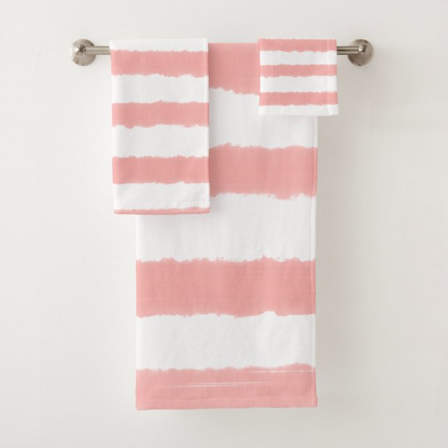Pastel Pink White Watercolor Stripes Bath Towel Set (Insitu)