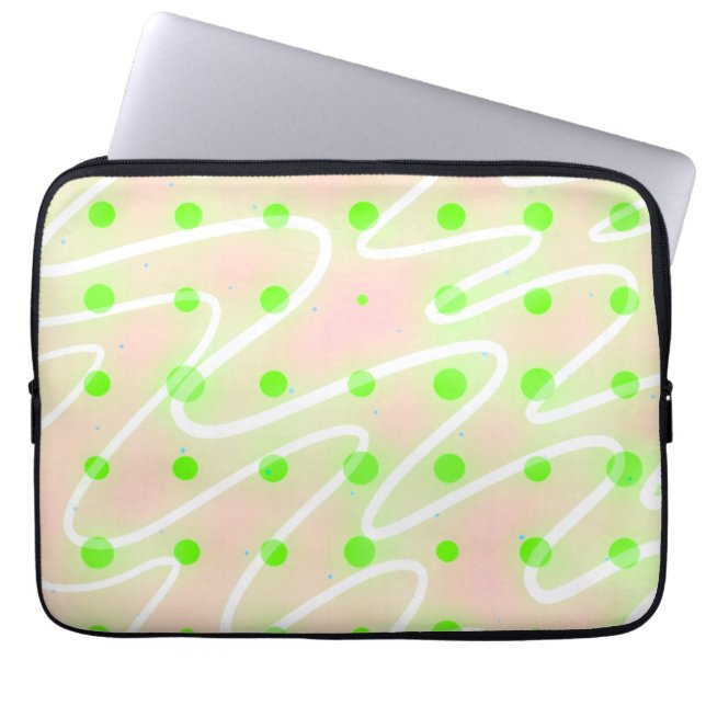Pastel pink wiggle white lines with green dots laptop sleeve (Front)