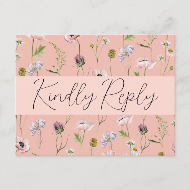 Pastel Pink Wild Flower Boho Garden Wedding RSVP Invitation Postcard (Front)