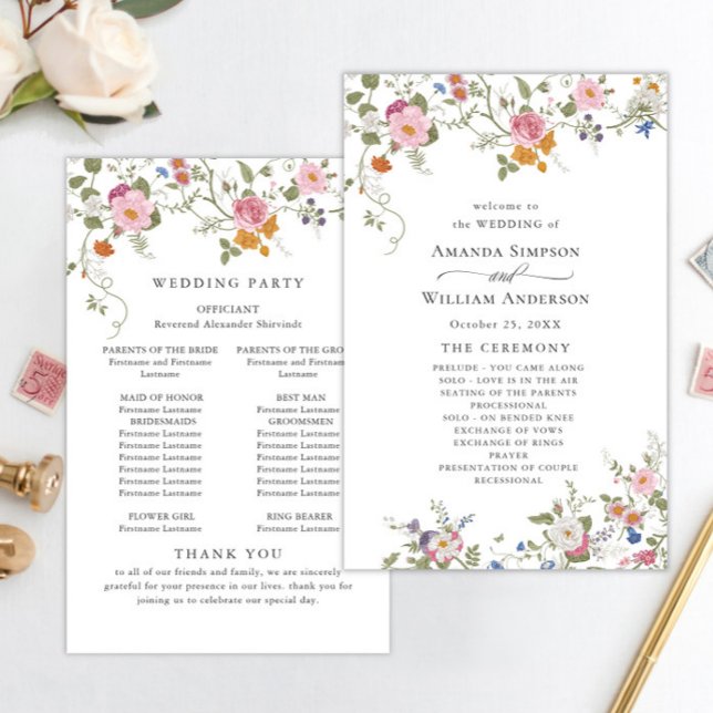 Pastel Pink Wild Flowers Wedding Ceremony Program (Creator Uploaded)