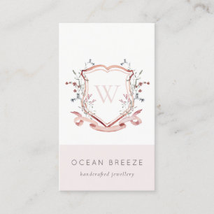 Pastel Pink Wildflower Watercolor Crest Monogram Business Card