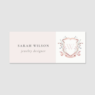 Pastel Pink Wildflower Watercolor Crest Monogram Name Tag