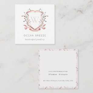Pastel Pink Wildflower Watercolor Crest Monogram Square Business Card