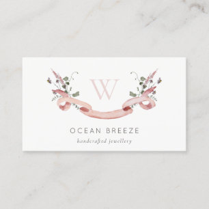 Pastel Pink Wildflower Watercolor Ribbon Monogram Business Card