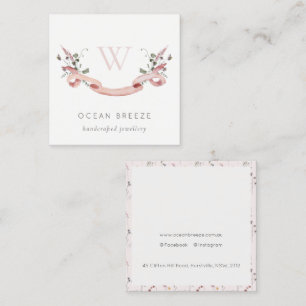Pastel Pink Wildflower Watercolor Ribbon Monogram Square Business Card