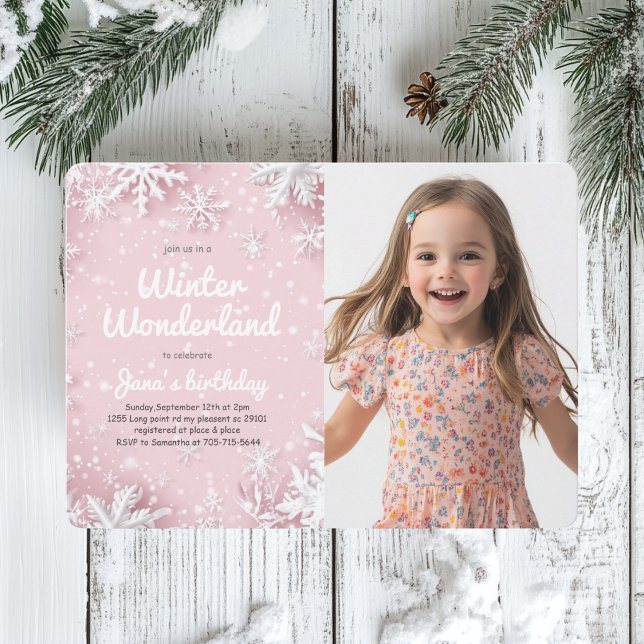 Pastel Pink Winter Wonderland Snowflake Photo  Invitation (Creator Uploaded)