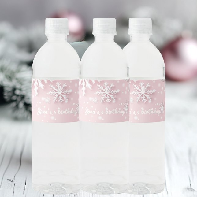 Pastel Pink Winter Wonderland Snowflake  Water Bottle Label (Creator Uploaded)
