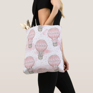 PASTEL PINK WITH GRAY BABY ELEPHANTS TOTE BAG