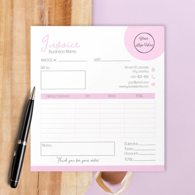 Pastel pink with logo feminine business invoice notepad (Creator Uploaded)
