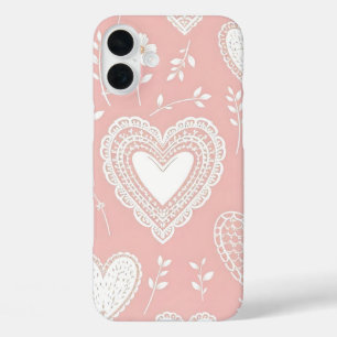 PASTEL PINK WITH WHITE HEARTS AND FLOWERS iPhone 16 PLUS CASE