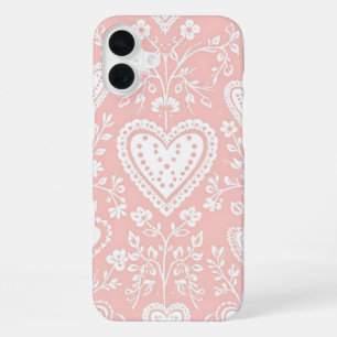 PASTEL PINK WITH WHITE HEARTS AND FLOWERS iPhone 16 PLUS CASE