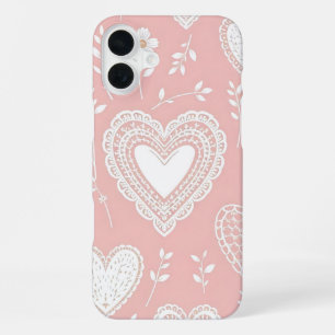 PASTEL PINK WITH WHITE HEARTS AND FLOWERS iPhone 16 PLUS CASE