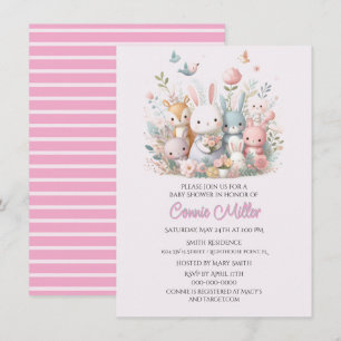 Pastel Pink Woodland Animals Baby Shower Invitation