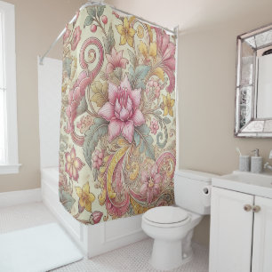 Pastel Pink Yellow Blue Boho Batik Floral Shower Curtain
