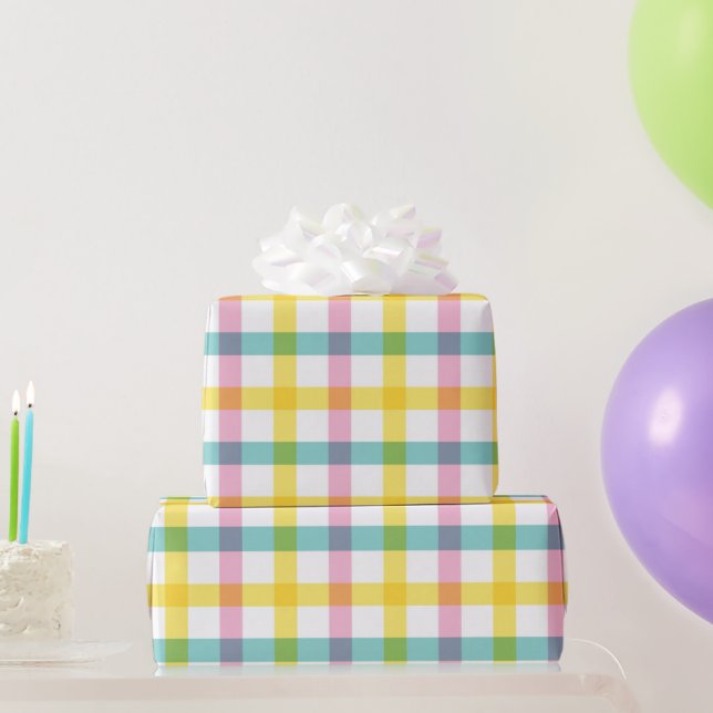 Pastel Pink Yellow Blue Check Pattern Easter Girly Wrapping Paper (Party Gifts)