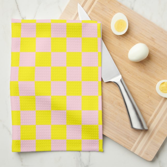 Pastel Pink Yellow Chequered Chequerboard Vintage Tea Towel (Quarter Fold)