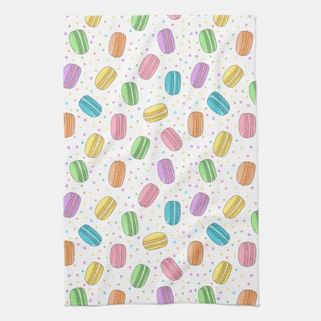 Pastel Pink Yellow Green Blue French Macarons Tea Towel (Vertical)