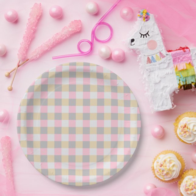 Pastel Pink Yellow Grey Plaid  Paper Plate (Party)