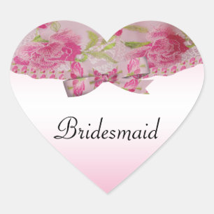 Pastel Pink Yesteryear Lace Flowers & Bow Wedding Heart Sticker