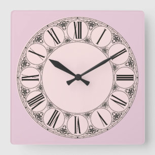 Pastel Pinks Fancy Roman Numeral Face Square Wall Clock