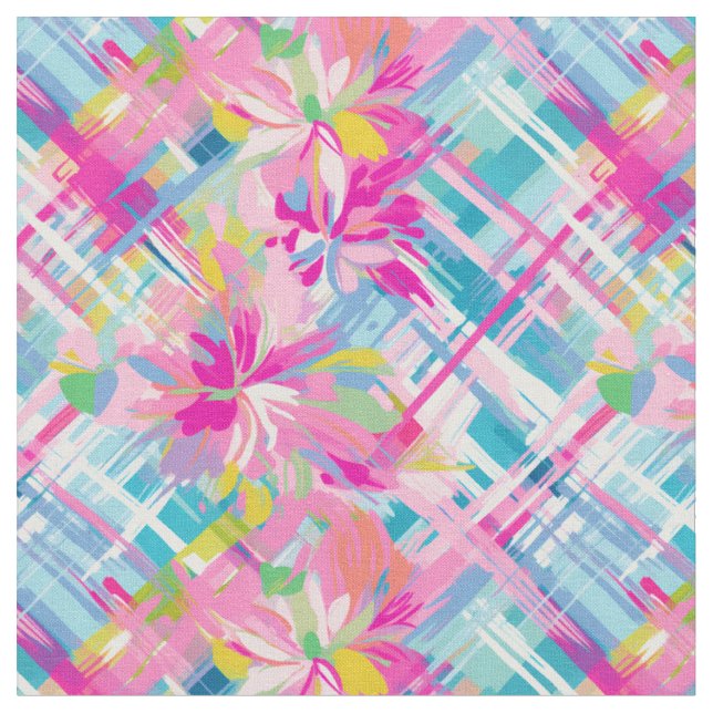 Pastel Plaid Blossoms Fabric (Close Up)
