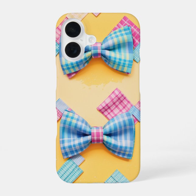 Pastel Plaid Cute Bow Tie iPhone 16 Case (Back)