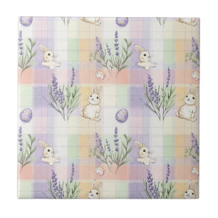 Pastel Plaid Easter Bunny Pattern Ceramic Tile