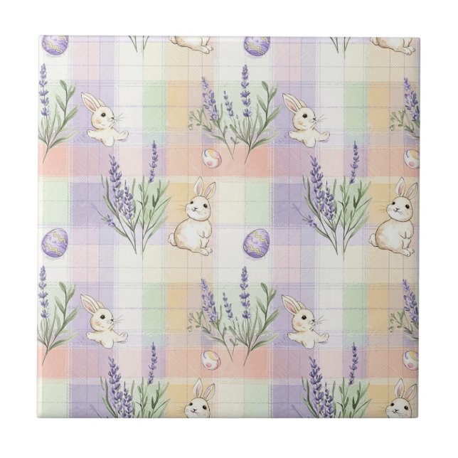 Pastel Plaid Easter Bunny Pattern Ceramic Tile (Front)