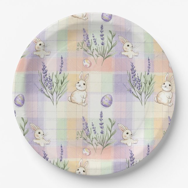 Pastel Plaid Easter Bunny Pattern Paper Plate (Front)